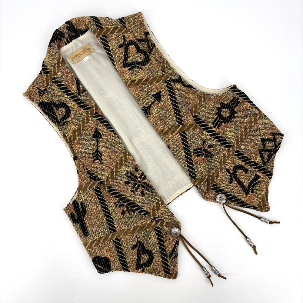 Sweetgrass Vintage Cowboy Patterned Open Front Vest with Leather Tassels, Large